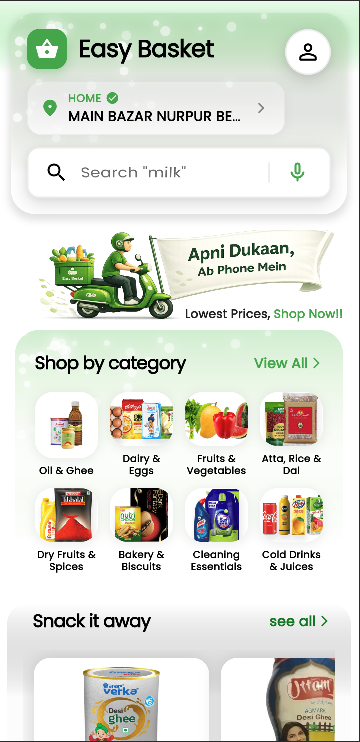 Easy Basket app — home screen with categories and search